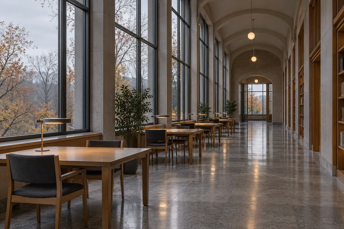 Prázdná, tichá studijní chodba s vysokými okny, dřevěnými stoly a stolními lampami za šedého podzimního dne.