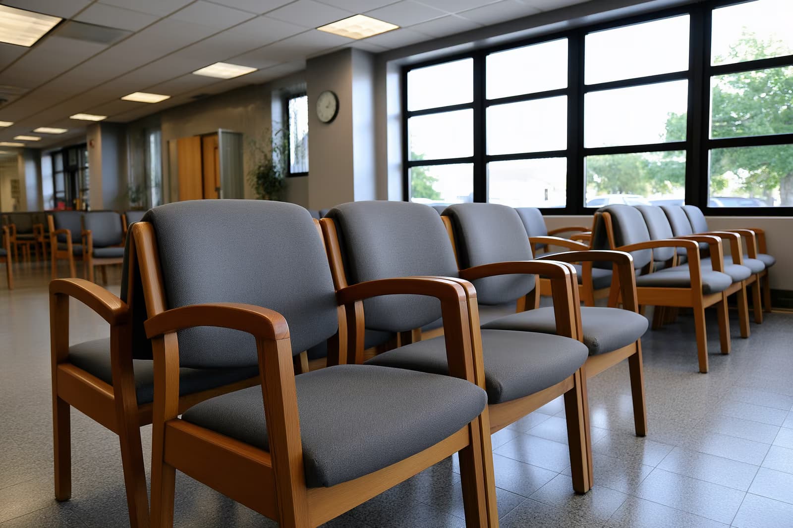 Tichá čekárna vládní kanceláře s řadami prázdných židlí za neutrálního denního světla.