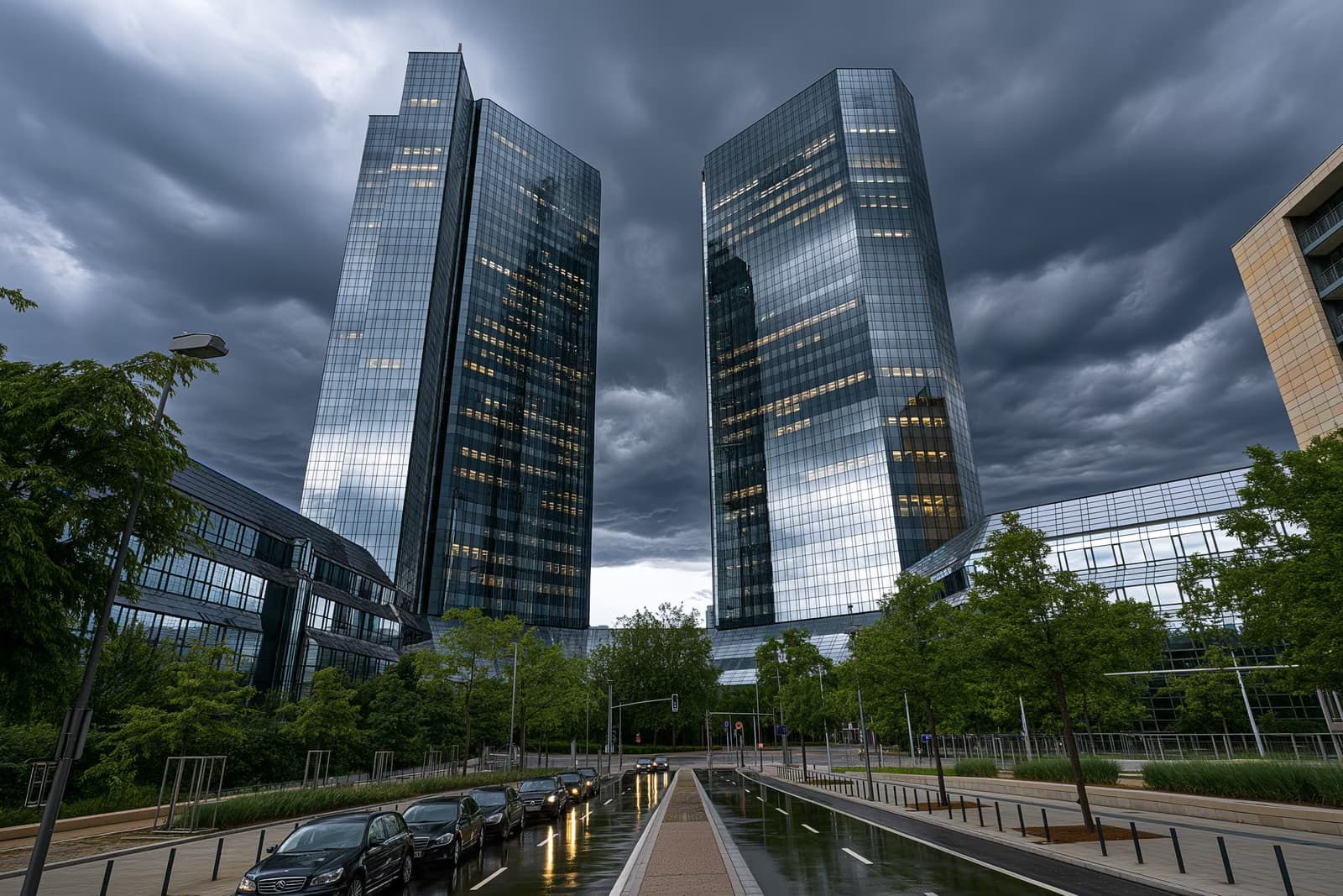 Dvojité skleněné věže frankfurtského bankovního ústředí se tyčí v temných mracích po razii v Deutsche Bank.