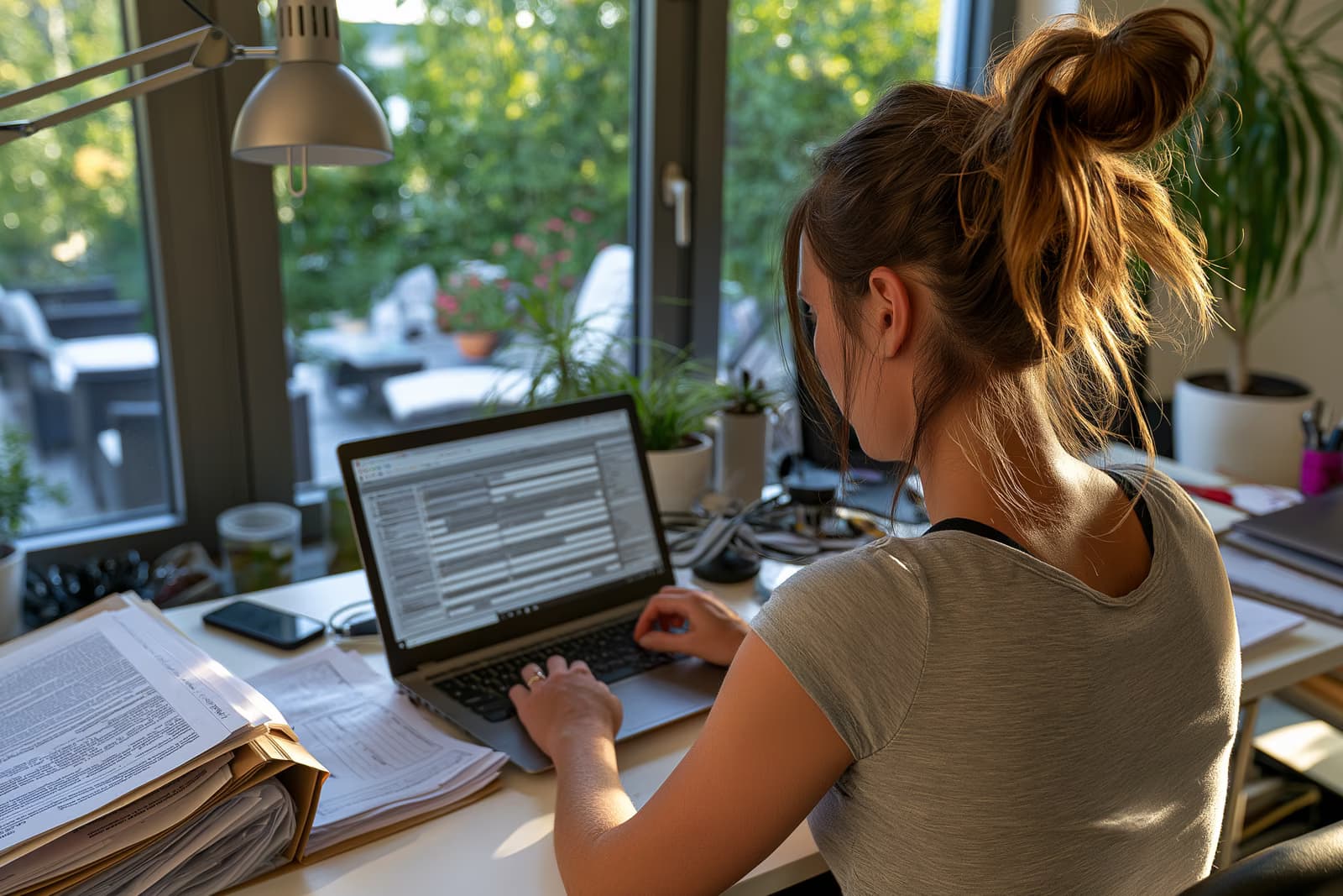 Osoba vyplňuje digitální žádost o podporu v nezaměstnanosti na notebooku doma, místo aby vyplňovala papírové formuláře pro německý úřad práce.