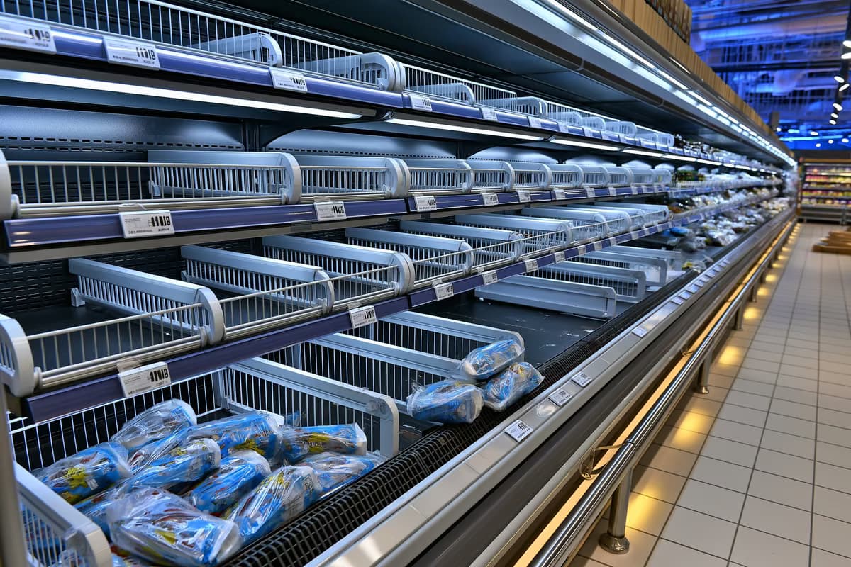 Prázdná police v chladicím supermarketu s několika zbývajícími baleními po stažení klobás z trhu v Německu