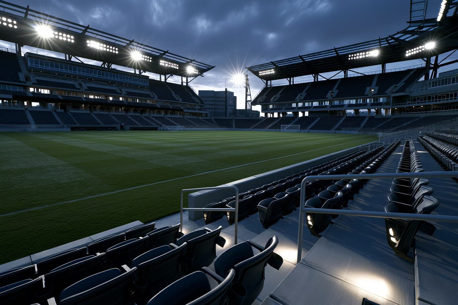 Prázdný fotbalový stadion za soumraku s reflektory a prázdnými tribunami.