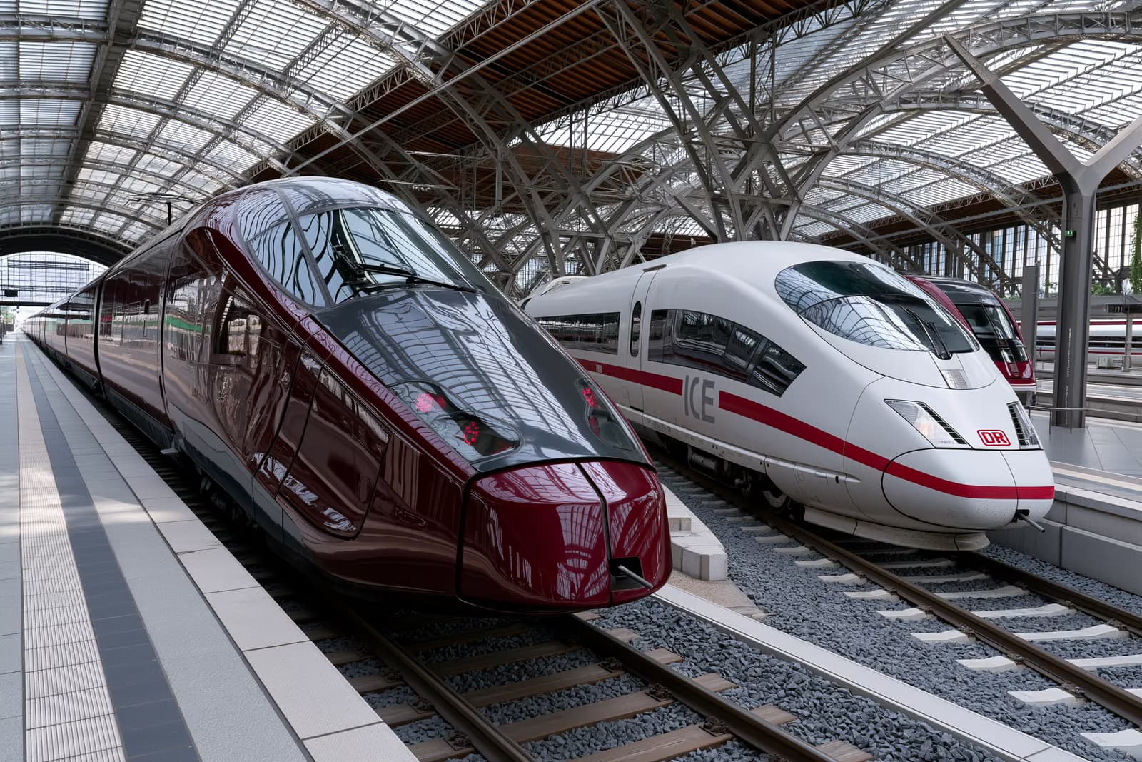 Tmavě červený vysokorychlostní vlak vedle bílého ICE na paralelních kolejích v německé nádražní hale, symbolizující výzvu Itala pro Deutsche Bahn