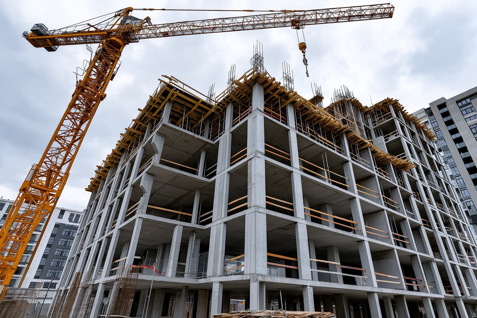 Nedokončená betonová skořepina budovy s prázdnými okenními otvory pod rezavým jeřábem, obraz ztrát fondu Krankenkassen v neúspěšných obchodech s nemovitostmi.