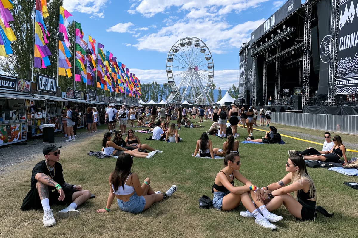 Festivalový areál Lollapalooza Berlin ve dne s barevnými vlajkami, stánky s občerstvením a návštěvníky relaxujícími na trávě