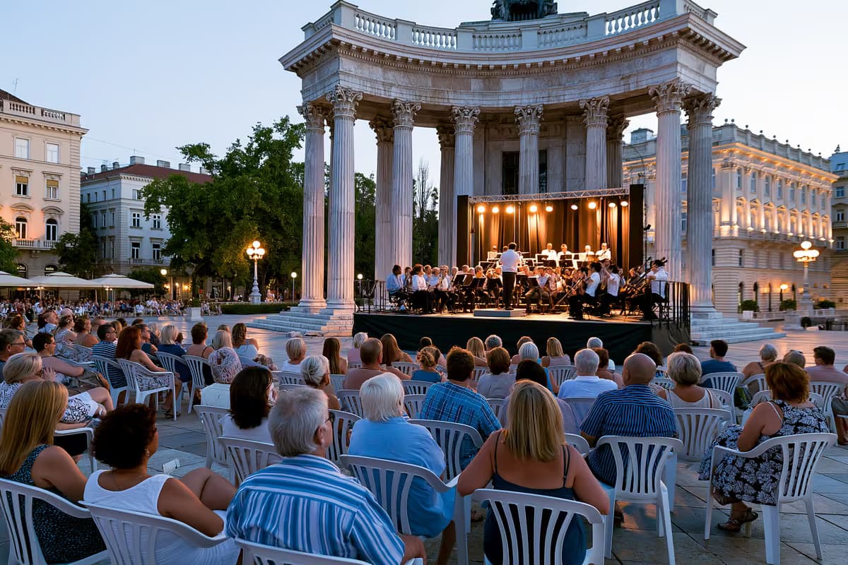 Klasický koncert pod širým nebem na historickém mnichovském náměstí za soumraku.