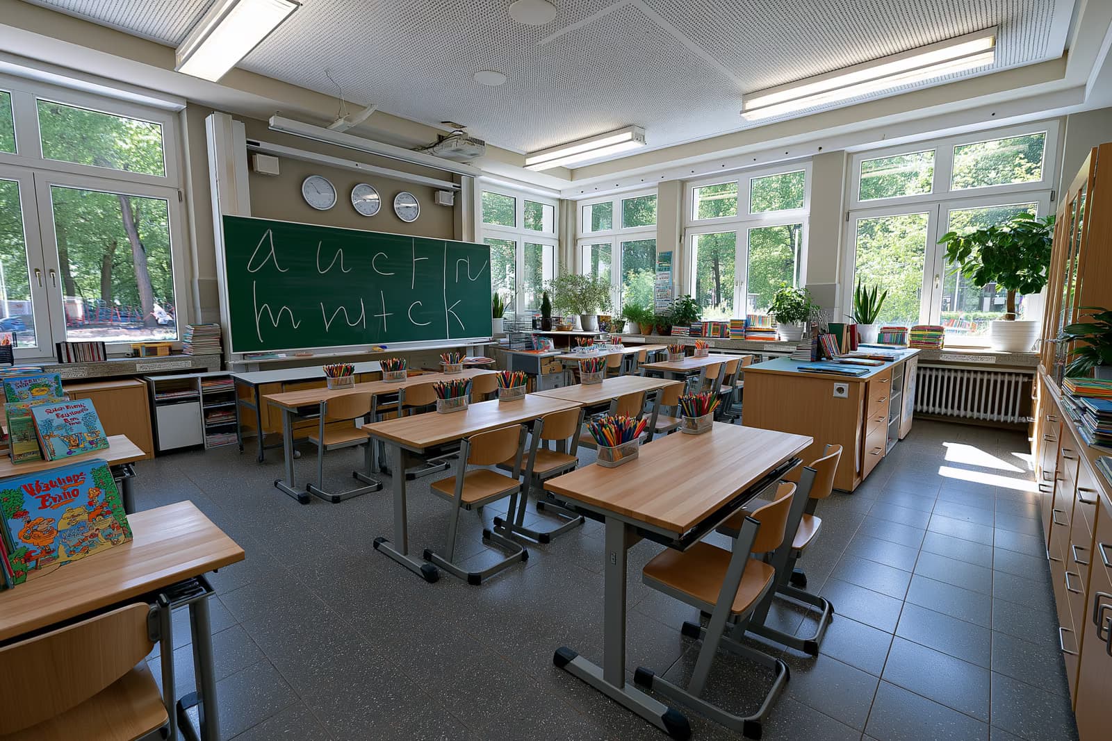 Světlá třída na prvním stupni s tvary písmen na zelené tabuli, připravená na nové jazykové kurzy ABC v Severním Porýní-Vestfálsku.