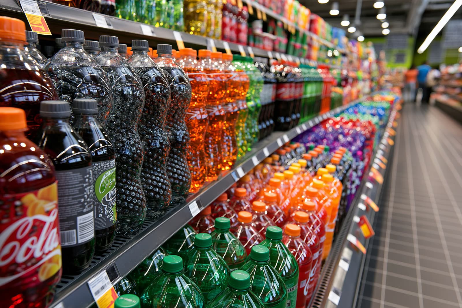 Řady barevných lahví od nealkoholických nápojů v jasně osvětlené uličce německého supermarketu, produkty, na které by se měla zaměřit plánovaná daň z cukru.