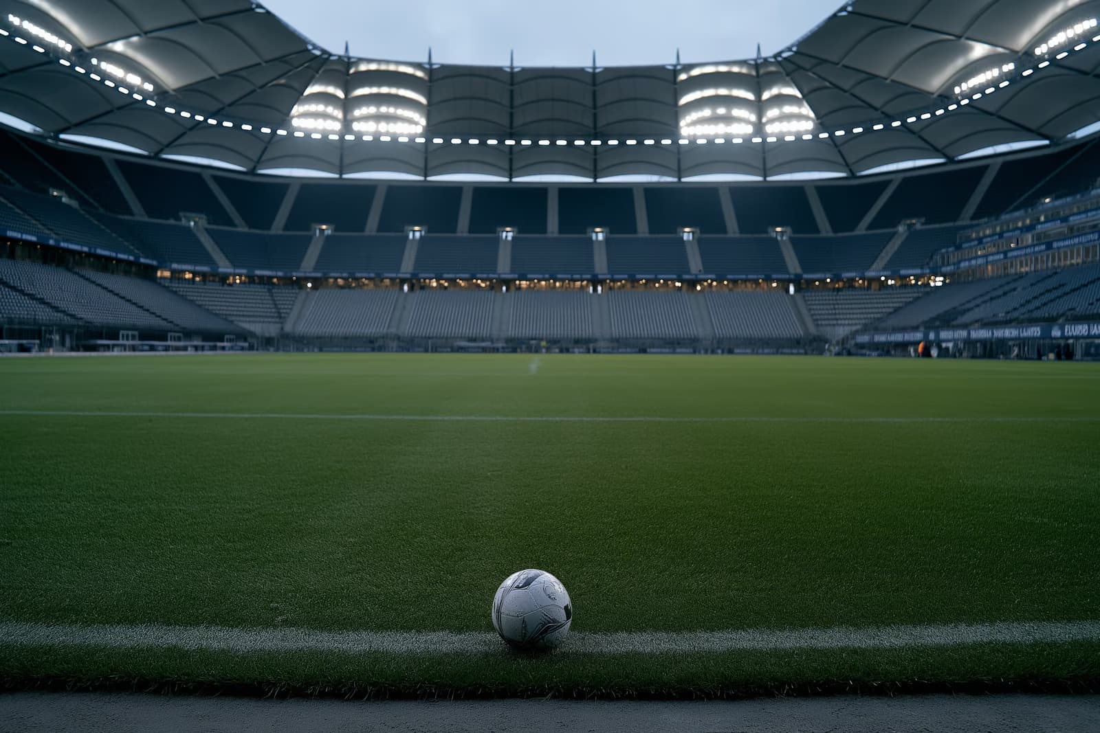 Prázdný fotbalový stadion v Hamburku za soumraku s rozsvícenými reflektory a osamělým míčem na středové pozici poté, co Vuskovic odchází z HSV.