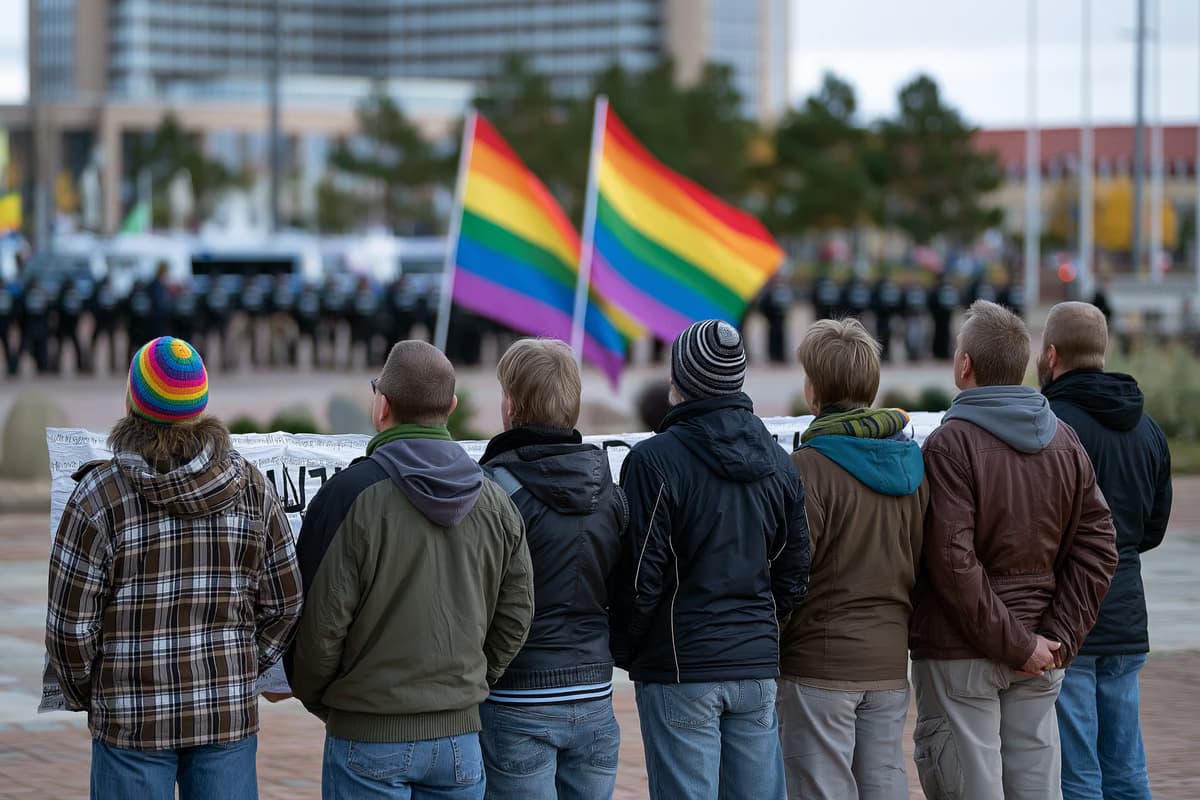 Protidemonstranti drží transparenty a duhové vlajky na magdeburském náměstí, v pozadí je rozmazaná policejní linie.