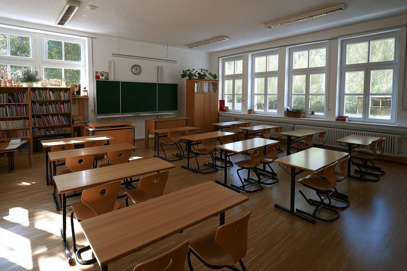 Světlá prázdná učebna německého základního školního věku s malými dřevěnými lavicemi a čtecím koutkem v teplém odpoledním světle.