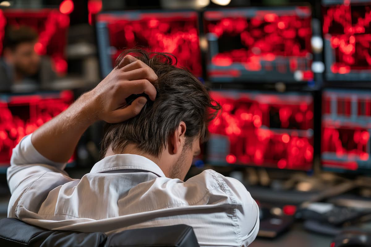 Soukromý investor v Německu si na notebooku prohlíží spořicí plán ETF, zatímco tržní grafy ukazují klesající ceny.