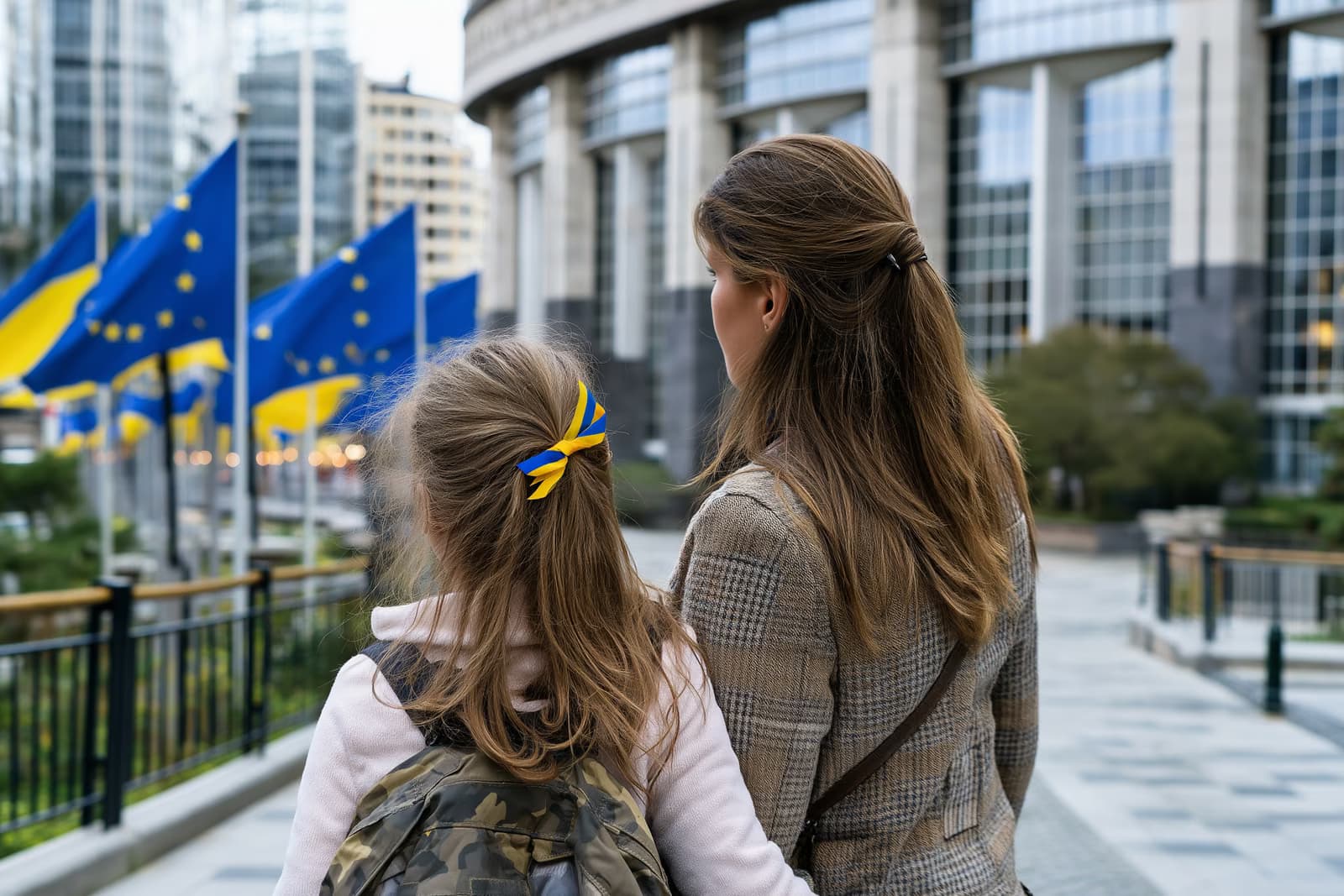 Ukrajinská matka a dcera se dívají na vlajky EU před budovou evropských institucí po prodloužení dočasné ochrany Ukrajiny.