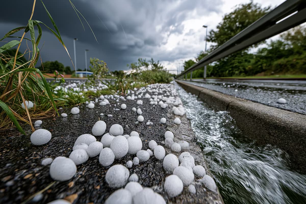 Velké kroupy roztroušené na mokrém chodníku po letní bouřce.