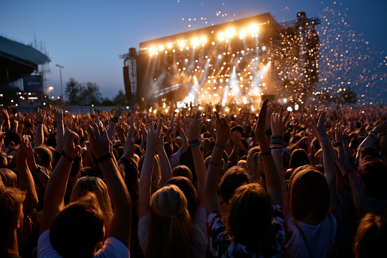 Obrovský dav festivalu se zdviženýma rukama před zářícím hlavním pódiem na festivalu Lollapalooza Berlin v Olympiaparku v noci