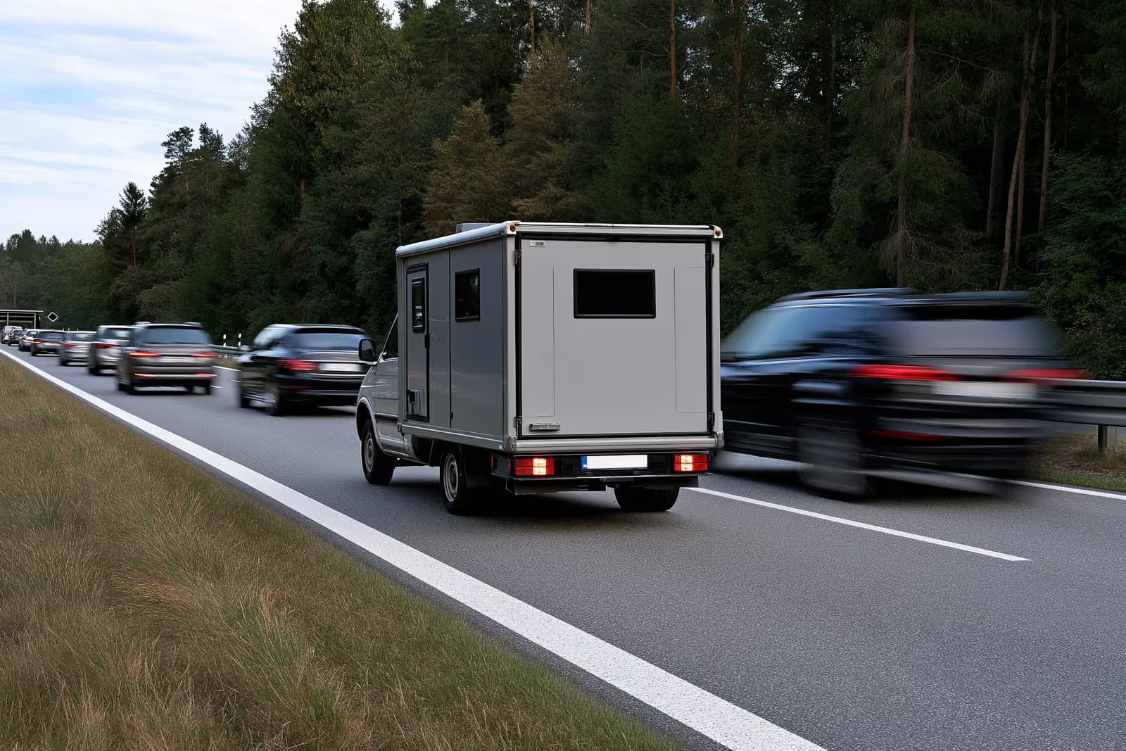 Mobilní rychlostní kamera umístěná u silnice poblíž školní zóny v německém městě.