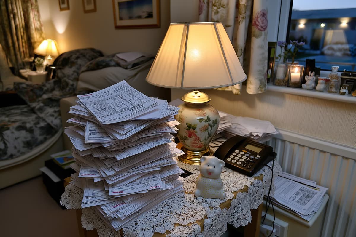 Hromada měsíčních faktur leží vedle porcelánové figurky na odkládacím stolku v pokoji pečovatelského domu a ukazuje rostoucí účty, kterým obyvatelé čelí.