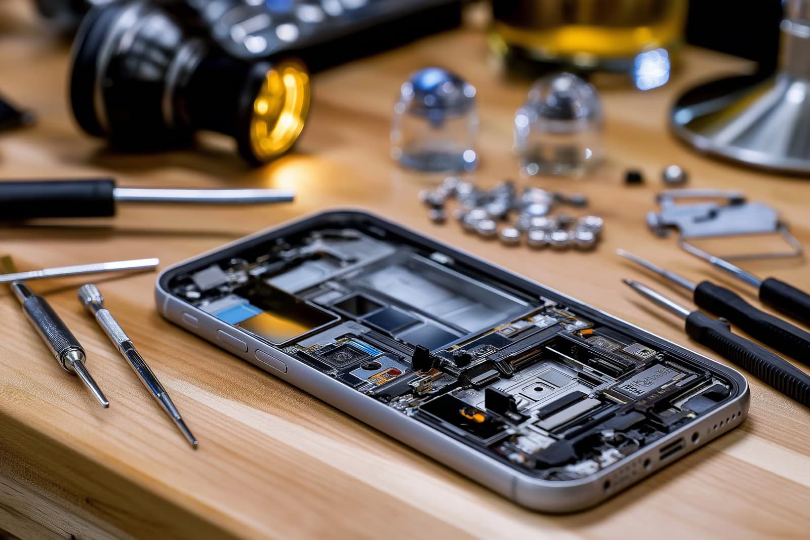 Otevřený smartphone na opravárenské lavici obklopený malým nářadím a náhradními díly.